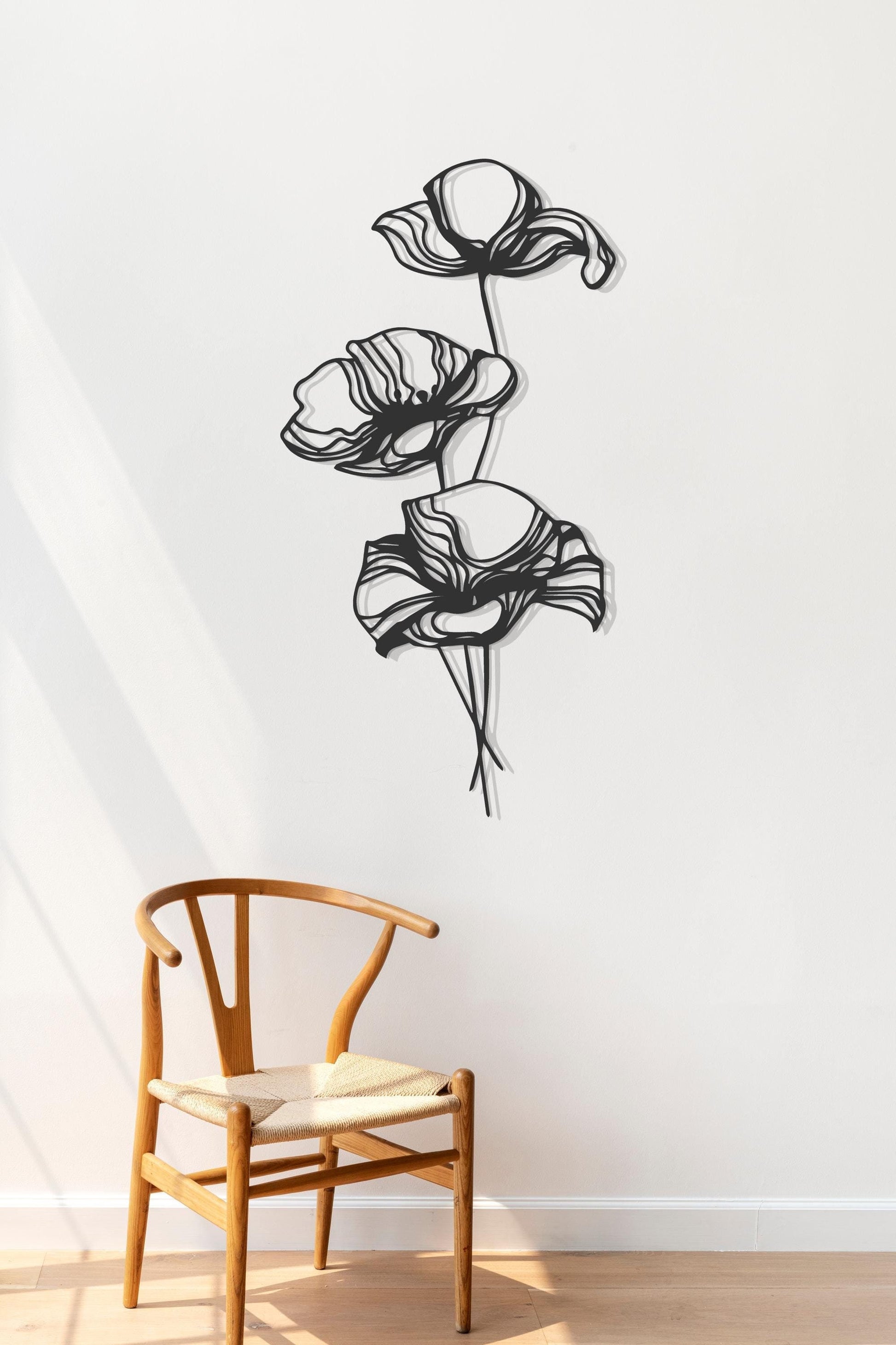 Poppy Flower Art, Elegant Metal Wall Decor, Entryway Decor, Narrow Wall Art - BlackIvyCraft