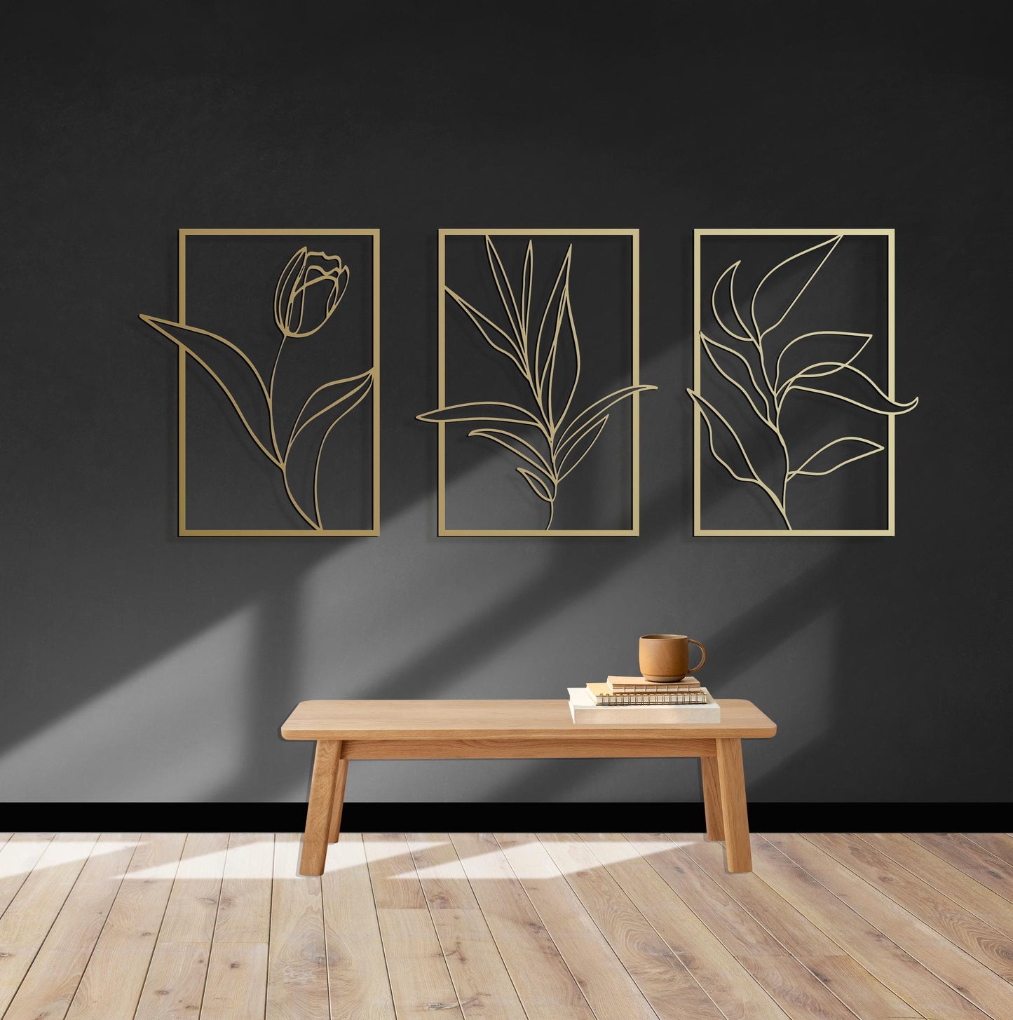 Flower Line Art Metal Wall Art Decor, Floral Wall Decor Set of 3, Minimalist Metal Wall Decor, 3 Piece Framed Set, Above Bed Decor - BlackIvyCraft