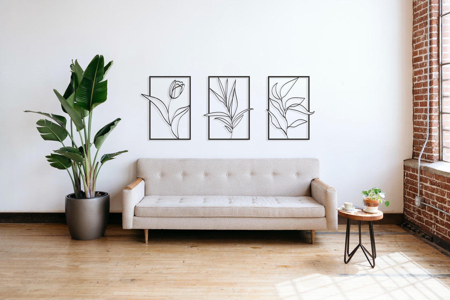 Flower Line Art Metal Wall Art Decor, Floral Wall Decor Set of 3, Minimalist Metal Wall Decor, 3 Piece Framed Set, Above Bed Decor - BlackIvyCraft