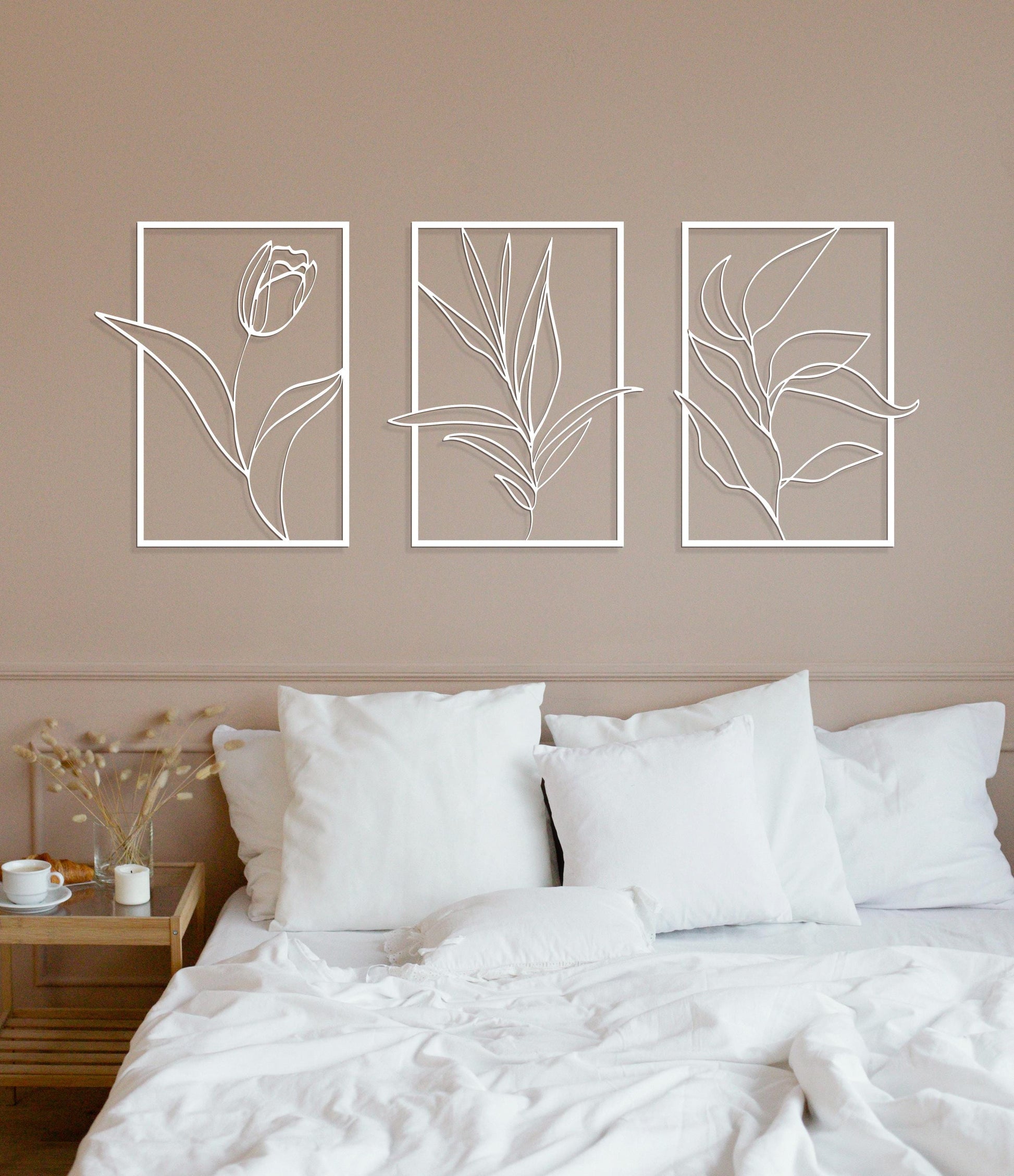 Flower Line Art Metal Wall Art Decor, Floral Wall Decor Set of 3, Minimalist Metal Wall Decor, 3 Piece Framed Set, Above Bed Decor - BlackIvyCraft