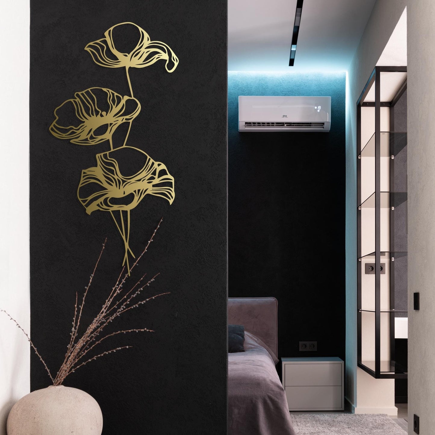 Poppy Flower Art, Elegant Metal Wall Decor, Entryway Decor, Narrow Wall Art - BlackIvyCraft