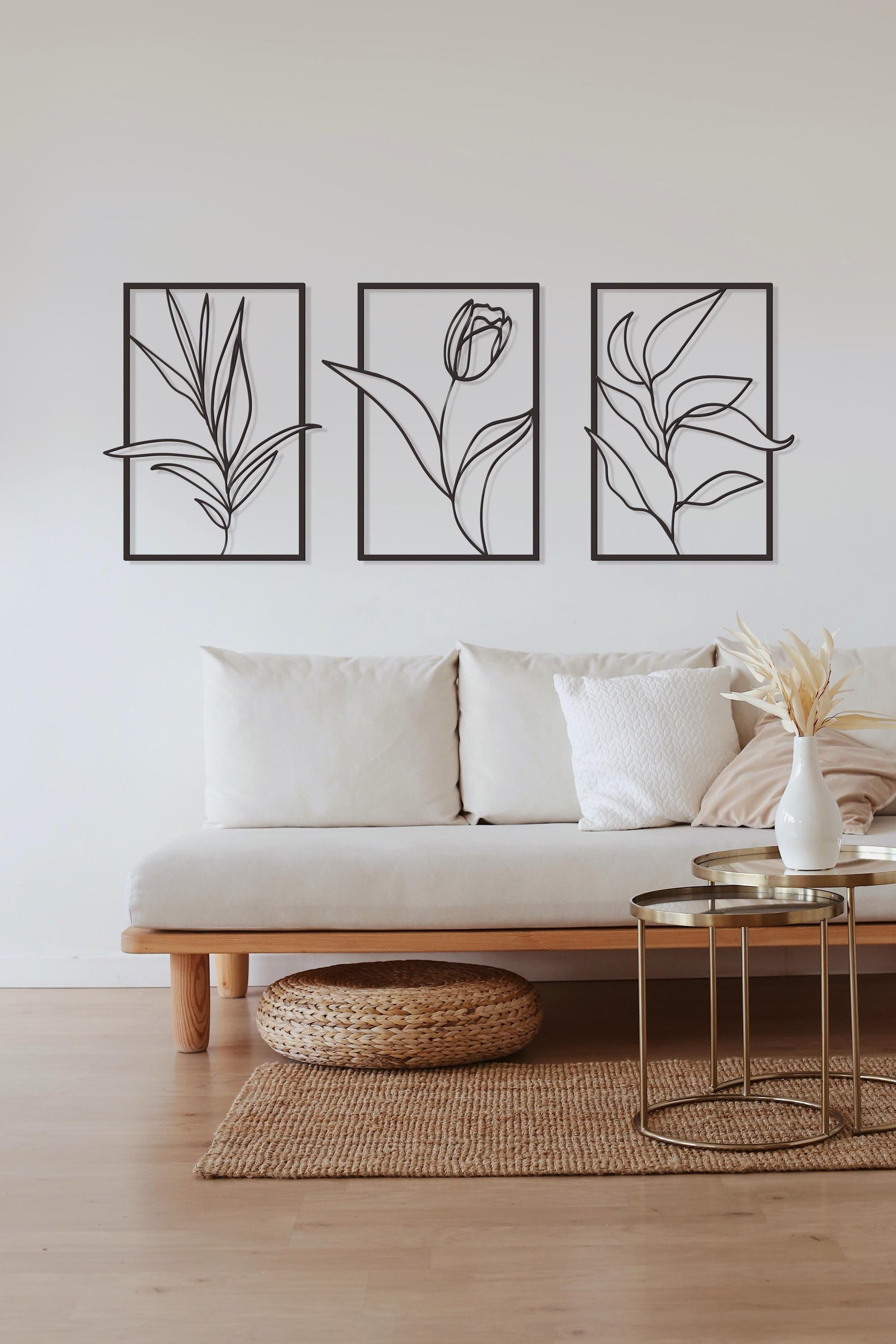 Flower Line Art Metal Wall Art Decor, Floral Wall Decor Set of 3, Minimalist Metal Wall Decor, 3 Piece Framed Set, Above Bed Decor - BlackIvyCraft