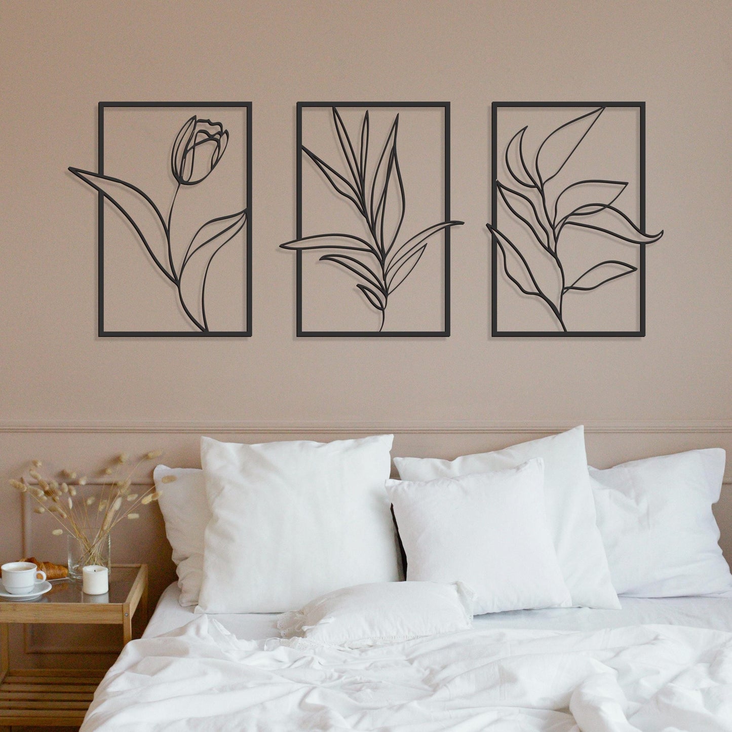 Flower Line Art Metal Wall Art Decor, Floral Wall Decor Set of 3, Minimalist Metal Wall Decor, 3 Piece Framed Set, Above Bed Decor - BlackIvyCraft