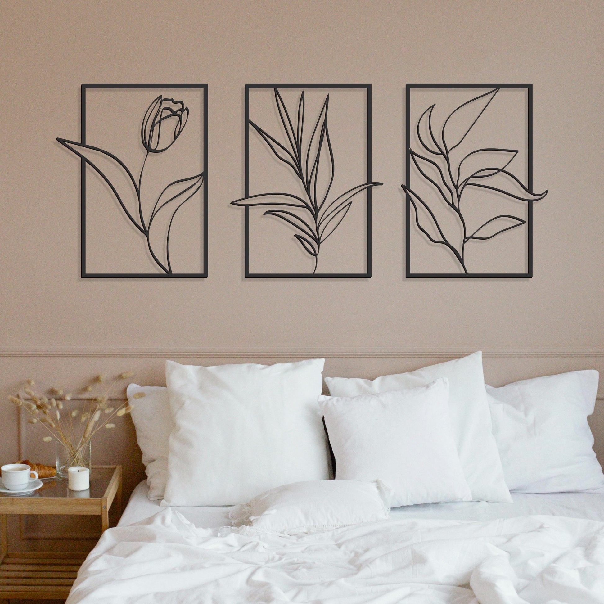 Flower Line Art Metal Wall Art Decor, Floral Wall Decor Set of 3, Minimalist Metal Wall Decor, 3 Piece Framed Set, Above Bed Decor - BlackIvyCraft