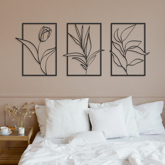 Flower Line Art Metal Wall Art Decor, Floral Wall Decor Set of 3, Minimalist Metal Wall Decor, 3 Piece Framed Set, Above Bed Decor - BlackIvyCraft