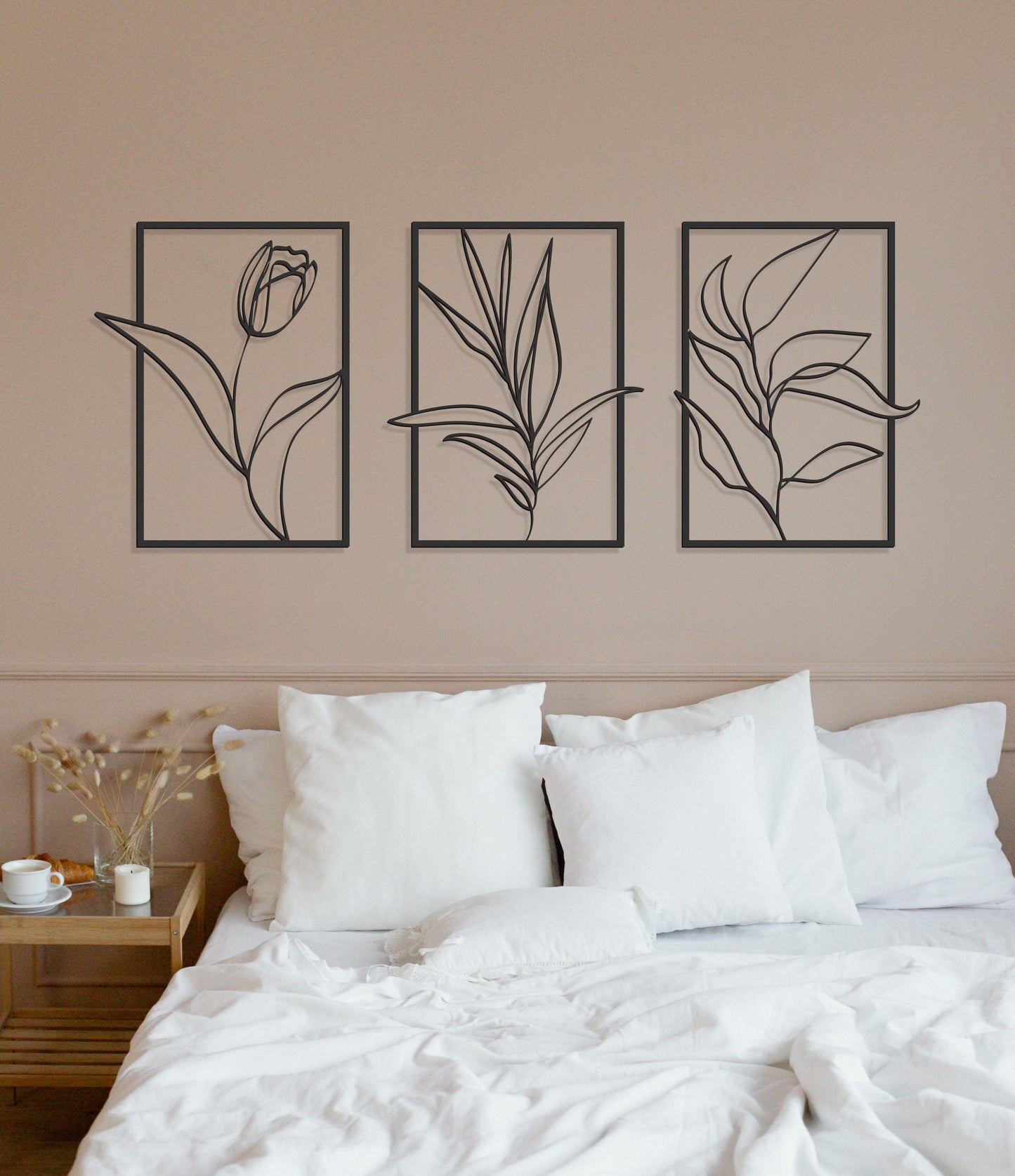 Flower Line Art Metal Wall Art Decor, Floral Wall Decor Set of 3, Minimalist Metal Wall Decor, 3 Piece Framed Set, Above Bed Decor - BlackIvyCraft
