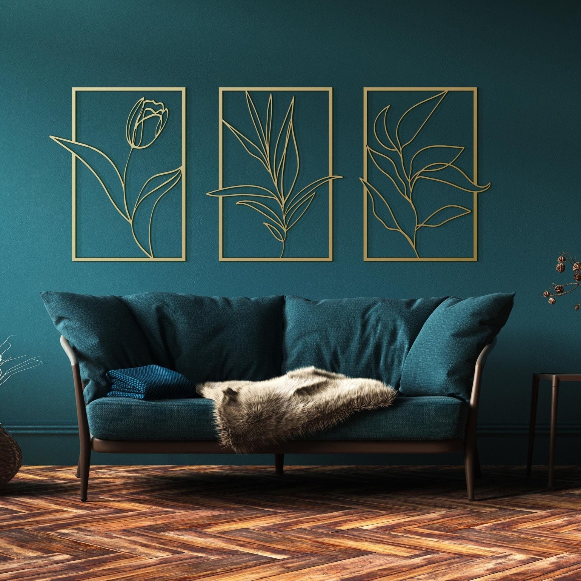 Flower Line Art Metal Wall Art Decor, Floral Wall Decor Set of 3, Minimalist Metal Wall Decor, 3 Piece Framed Set, Above Bed Decor - BlackIvyCraft