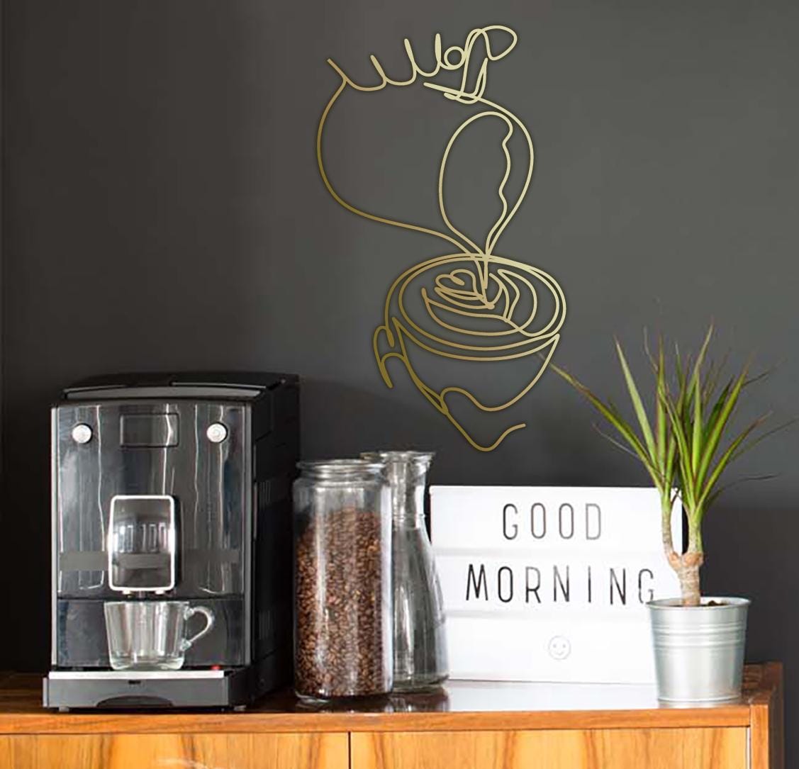 Cup of Coffee Wall Art, Minimal Coffee Metal Line Art, Modern Cafe Decor, Coffee Corner Wall Decor - BlackIvyCraft