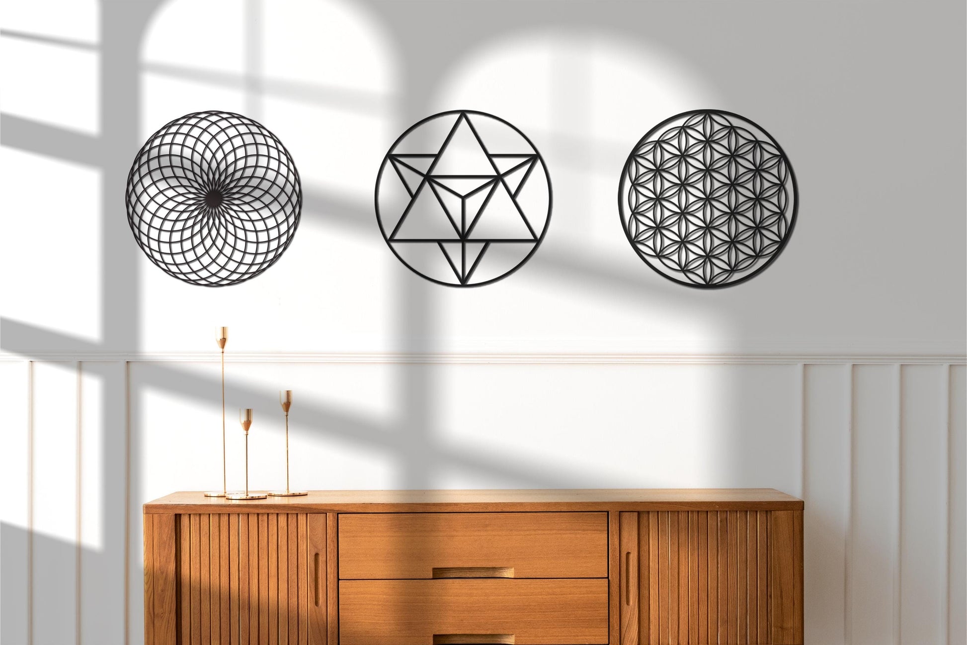 Sacred Geometry Set, Gold Metal Wall Art, Flower of Life, Merkaba, Yoga Studio Decor, Yoga lover - BlackIvyCraft