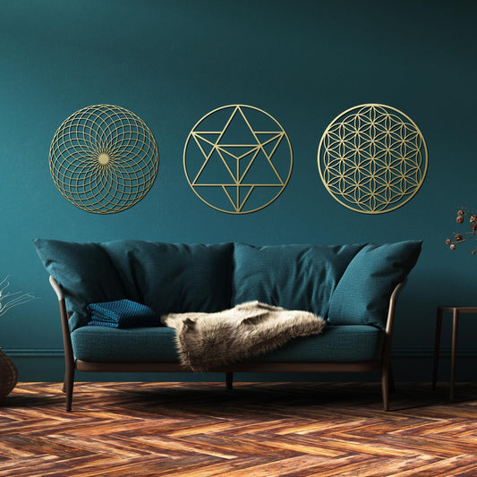 Sacred Geometry Set, Gold Metal Wall Art, Flower of Life, Merkaba, Yoga Studio Decor, Yoga lover - BlackIvyCraft