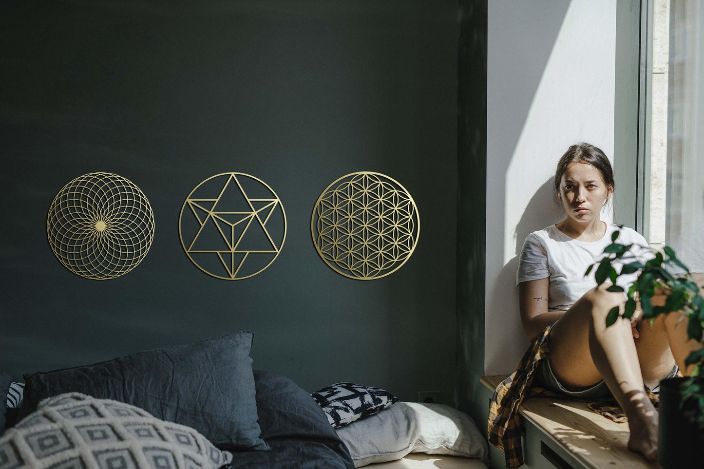 Sacred Geometry Set, Gold Metal Wall Art, Flower of Life, Merkaba, Yoga Studio Decor, Yoga lover - BlackIvyCraft