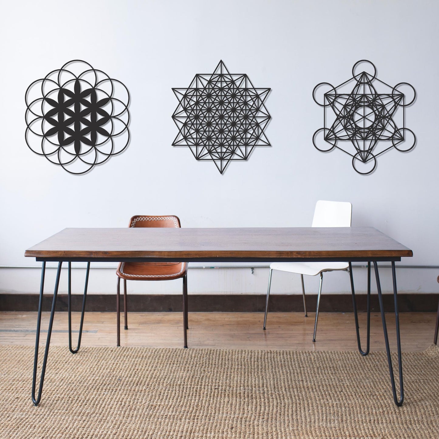 Sacred Geometry Metal Set, Metatrons Cube, Tetrahedron, Yoga Studio Decor, Gold Metal Wall Art, Metal Art Set of 3 - BlackIvyCraft