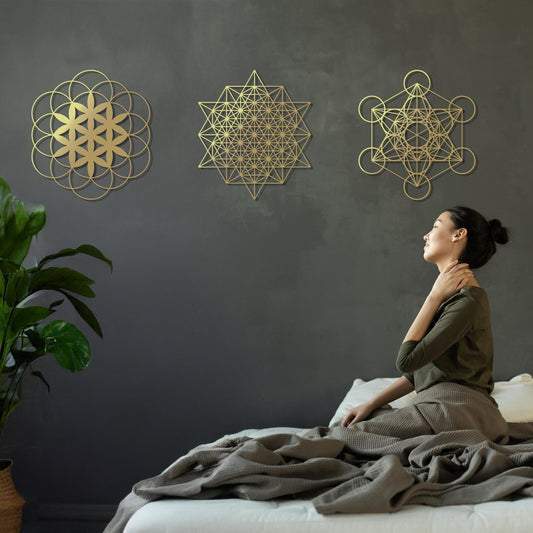 Sacred Geometry Metal Set, Metatrons Cube, Tetrahedron, Yoga Studio Decor, Gold Metal Wall Art, Metal Art Set of 3 - BlackIvyCraft