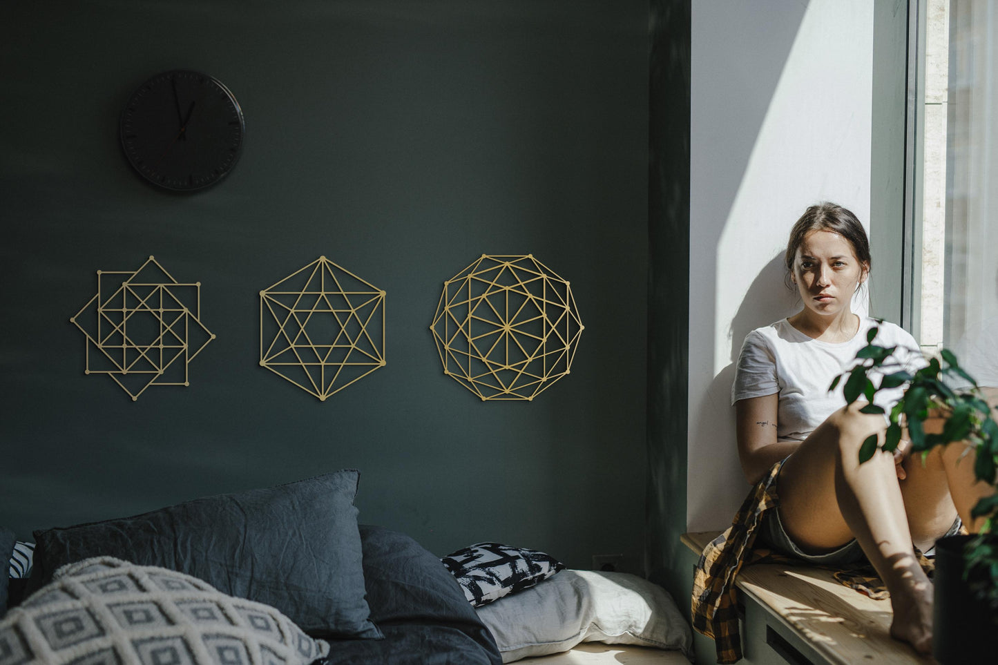 Sacred Geometry Set, Gold Metal Wall Art, Square Matrix, Vector Equilibrium, Yoga Studio Decor, Yoga lover, Decagon Formation - BlackIvyCraft