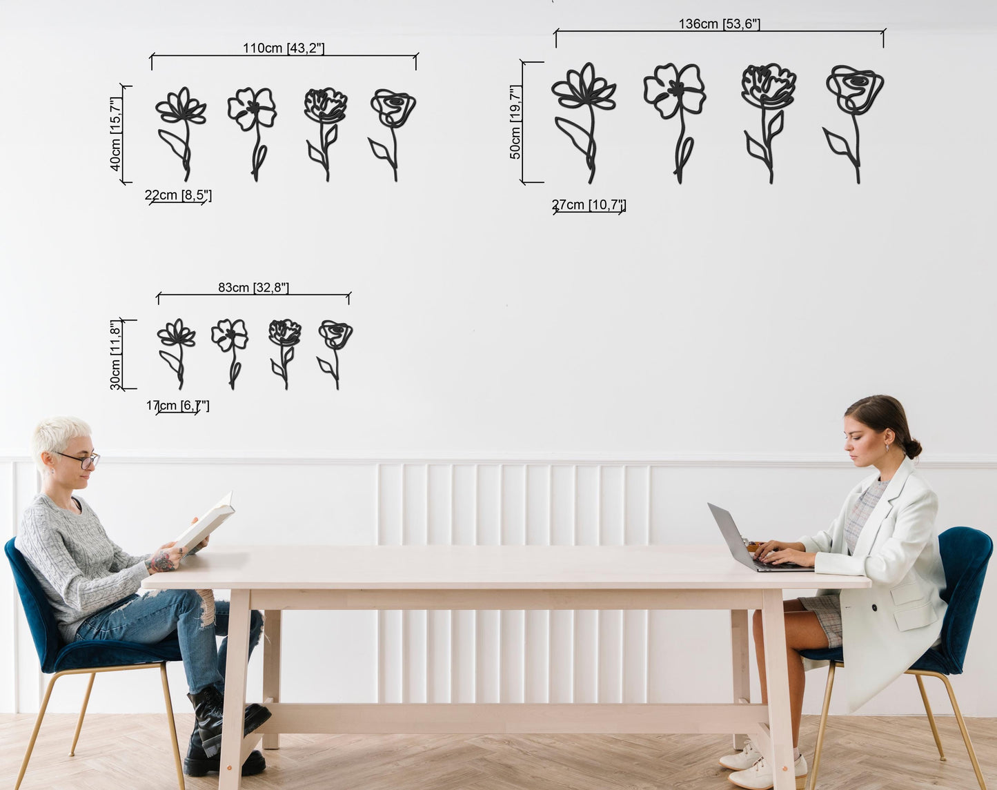 Gold Metal Flowers Line Art, Minimal Metal Wall Art, 4 Pieces Decor, Above Bed Decor - BlackIvyCraft