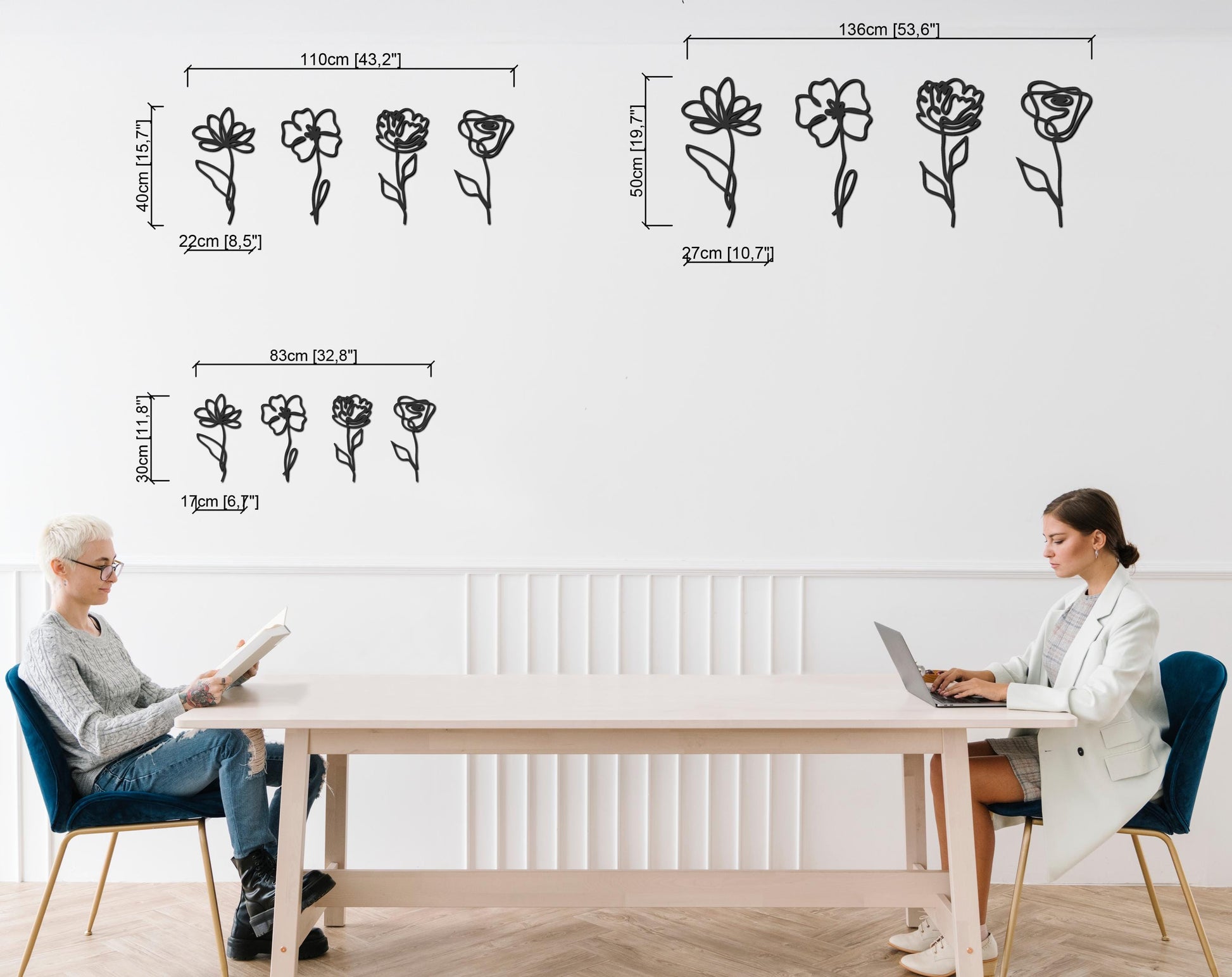 Gold Metal Flowers Line Art, Minimal Metal Wall Art, 4 Pieces Decor, Above Bed Decor - BlackIvyCraft