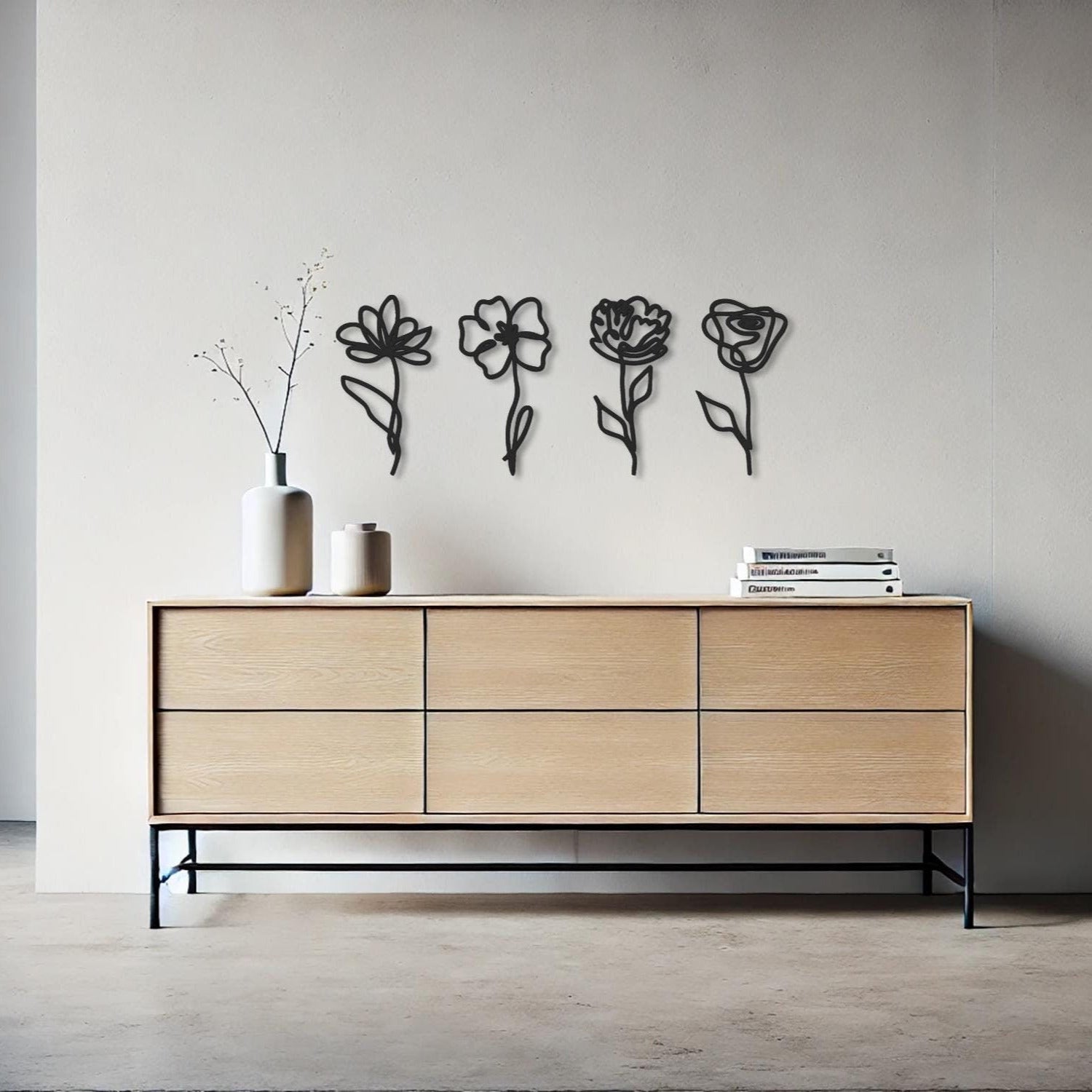 Gold Metal Flowers Line Art, Minimal Metal Wall Art, 4 Pieces Decor, Above Bed Decor - BlackIvyCraft