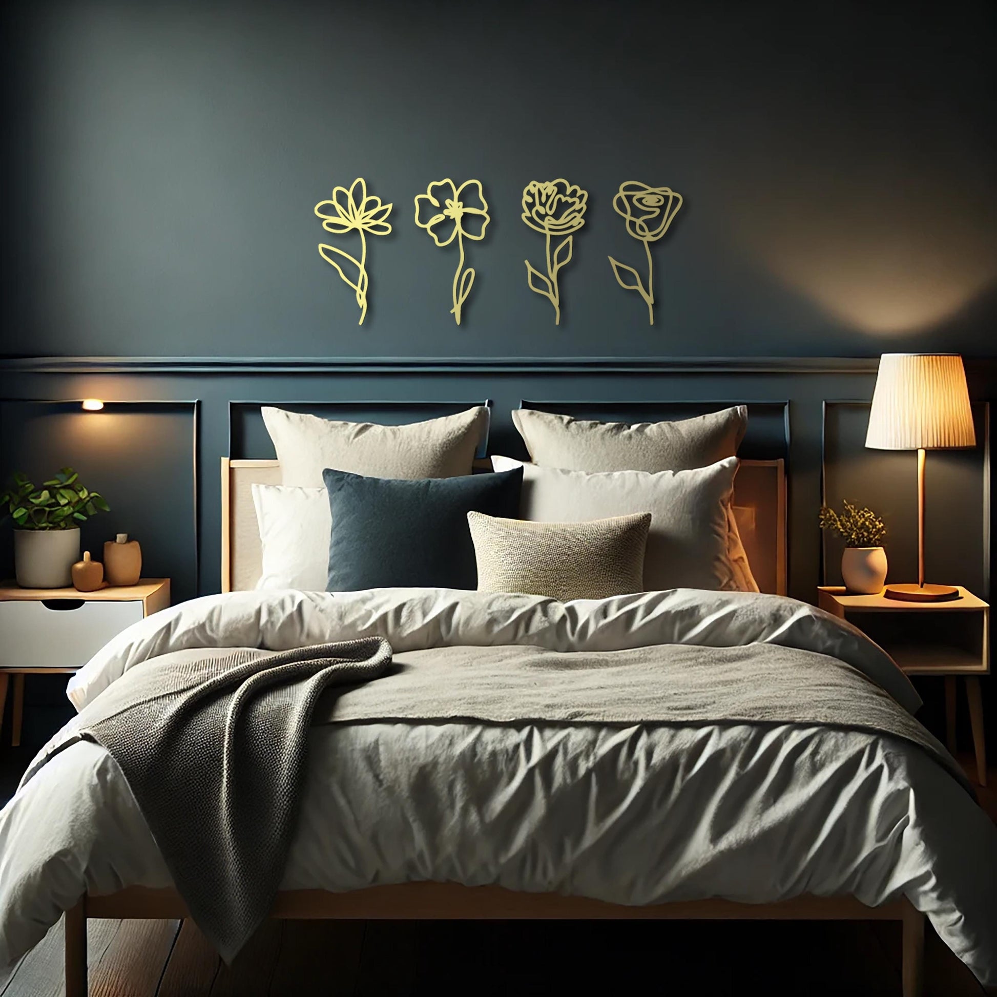Gold Metal Flowers Line Art, Minimal Metal Wall Art, 4 Pieces Decor, Above Bed Decor - BlackIvyCraft