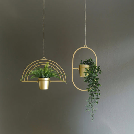 Rainbow Metal Hanging Planter, Gold Planter, Minimal Plant Hanger, Mid-Century Metal Planter, Unique Plant Holder Set