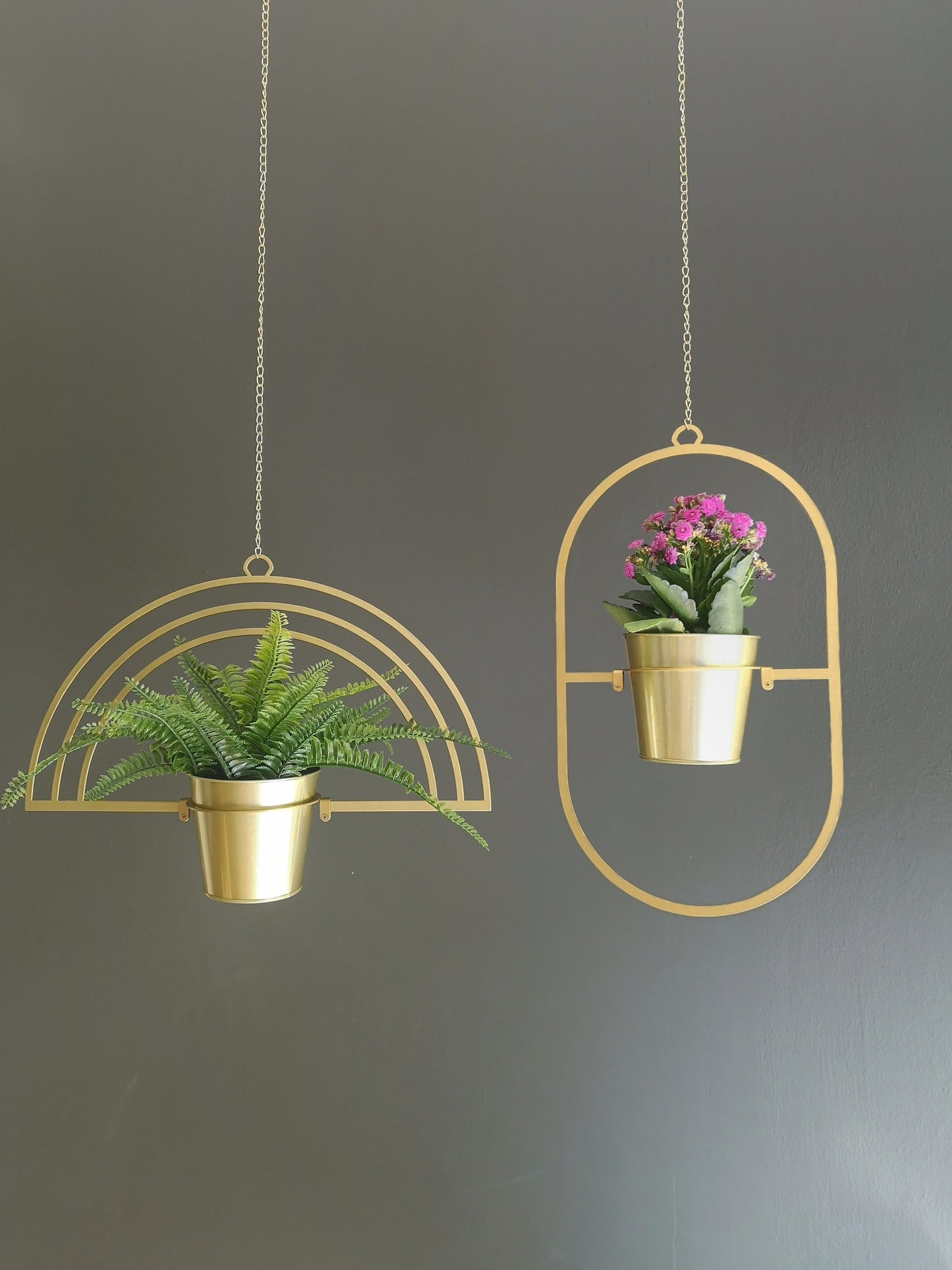 Rainbow Metal Hanging Planter, Gold Planter, Minimal Plant Hanger, Mid-Century Metal Planter, Unique Plant Holder Set