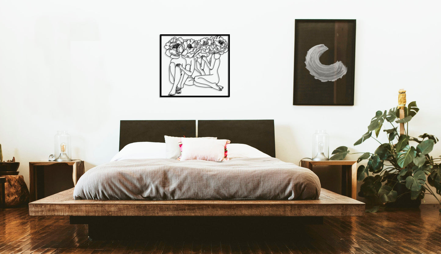 Women Metal Line Art, Large Wall Decor, Unique Wall Art, Horizontal Decor, Bed-Top Decor, Female Body Line Art