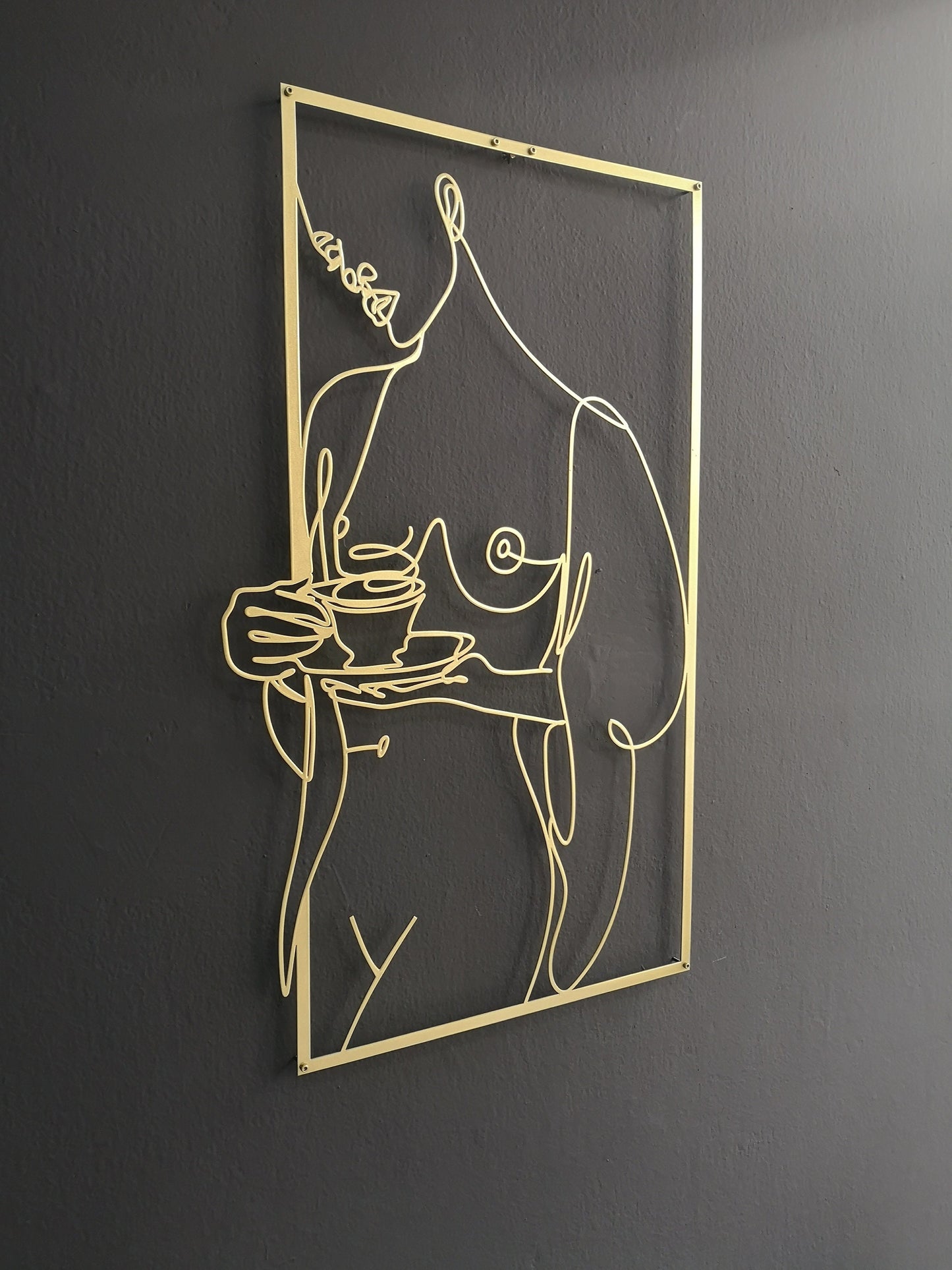 Nude Woman Metal Wall Art, Gold Woman Wall Decor, Coffee with Woman, Modern Woman Line Art, Cafe Decor, Female Body Art, Kitchen Wall Art - BlackIvyCraft