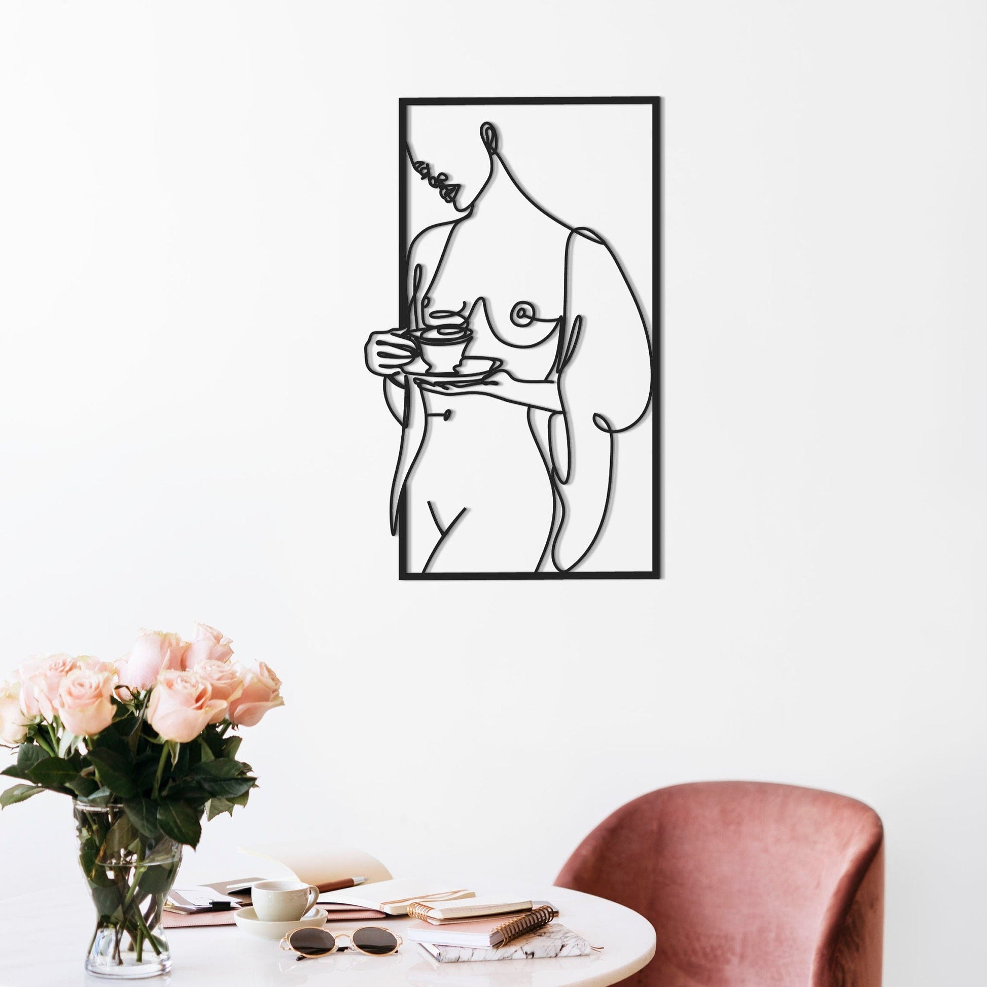 Nude Woman Metal Wall Art, Gold Woman Wall Decor, Coffee with Woman, Modern Woman Line Art, Cafe Decor, Female Body Art, Kitchen Wall Art - BlackIvyCraft