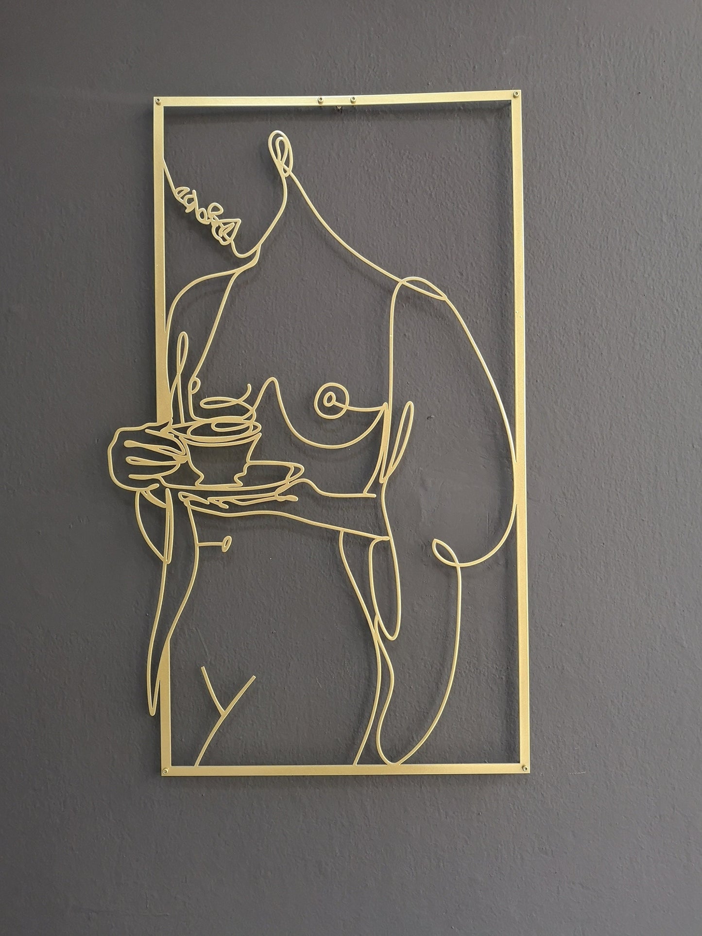 Nude Woman Metal Wall Art, Gold Woman Wall Decor, Coffee with Woman, Modern Woman Line Art, Cafe Decor, Female Body Art, Kitchen Wall Art - BlackIvyCraft