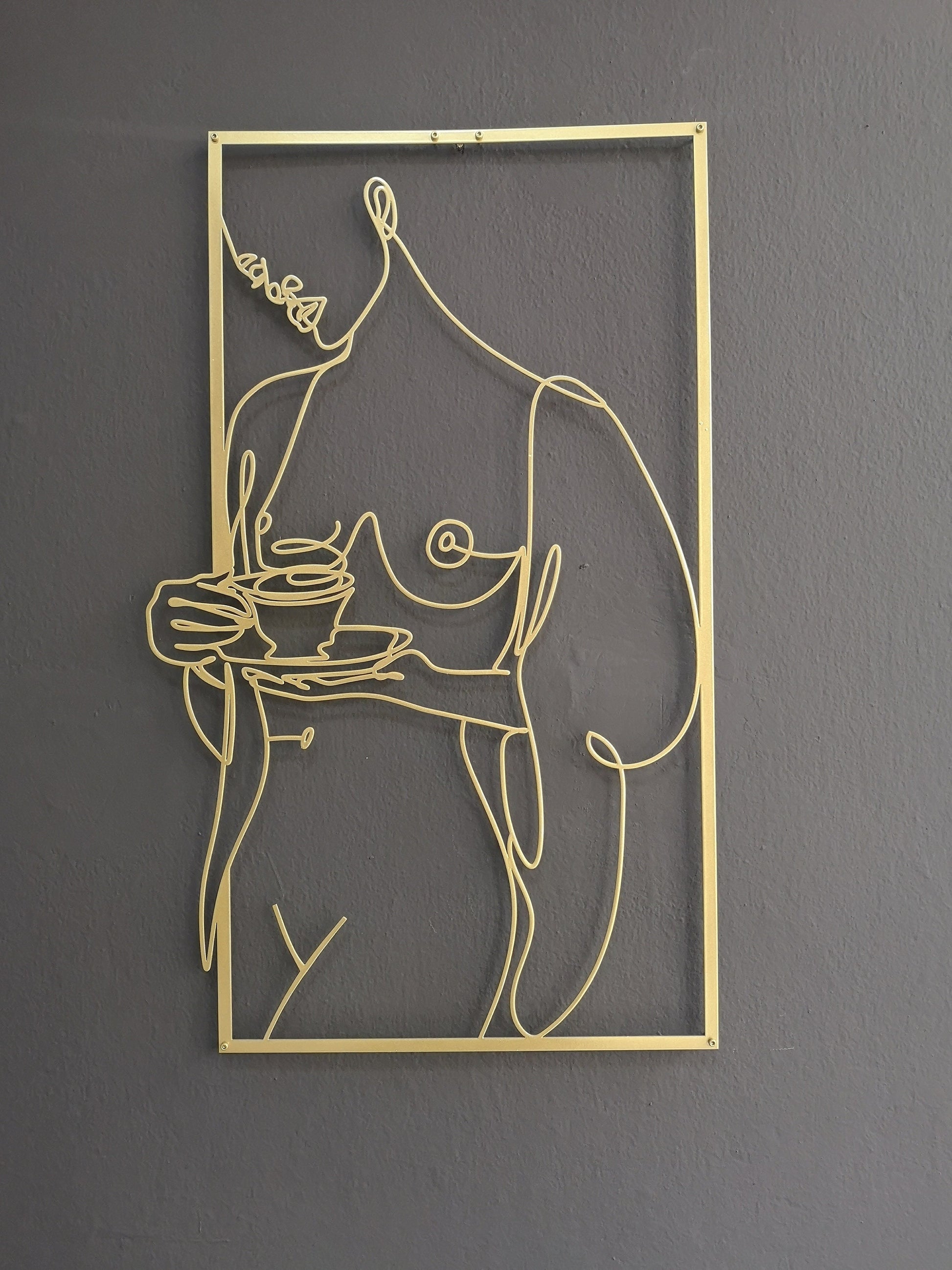 Nude Woman Metal Wall Art, Gold Woman Wall Decor, Coffee with Woman, Modern Woman Line Art, Cafe Decor, Female Body Art, Kitchen Wall Art - BlackIvyCraft