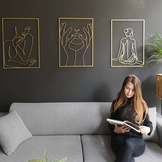 Gold Wall Decor Set, Modern Woman Art, Large Wall Decor, Hands on Face, Woman Back, Minimal Living Room Decor, Unique Wall Decor - BlackIvyCraft