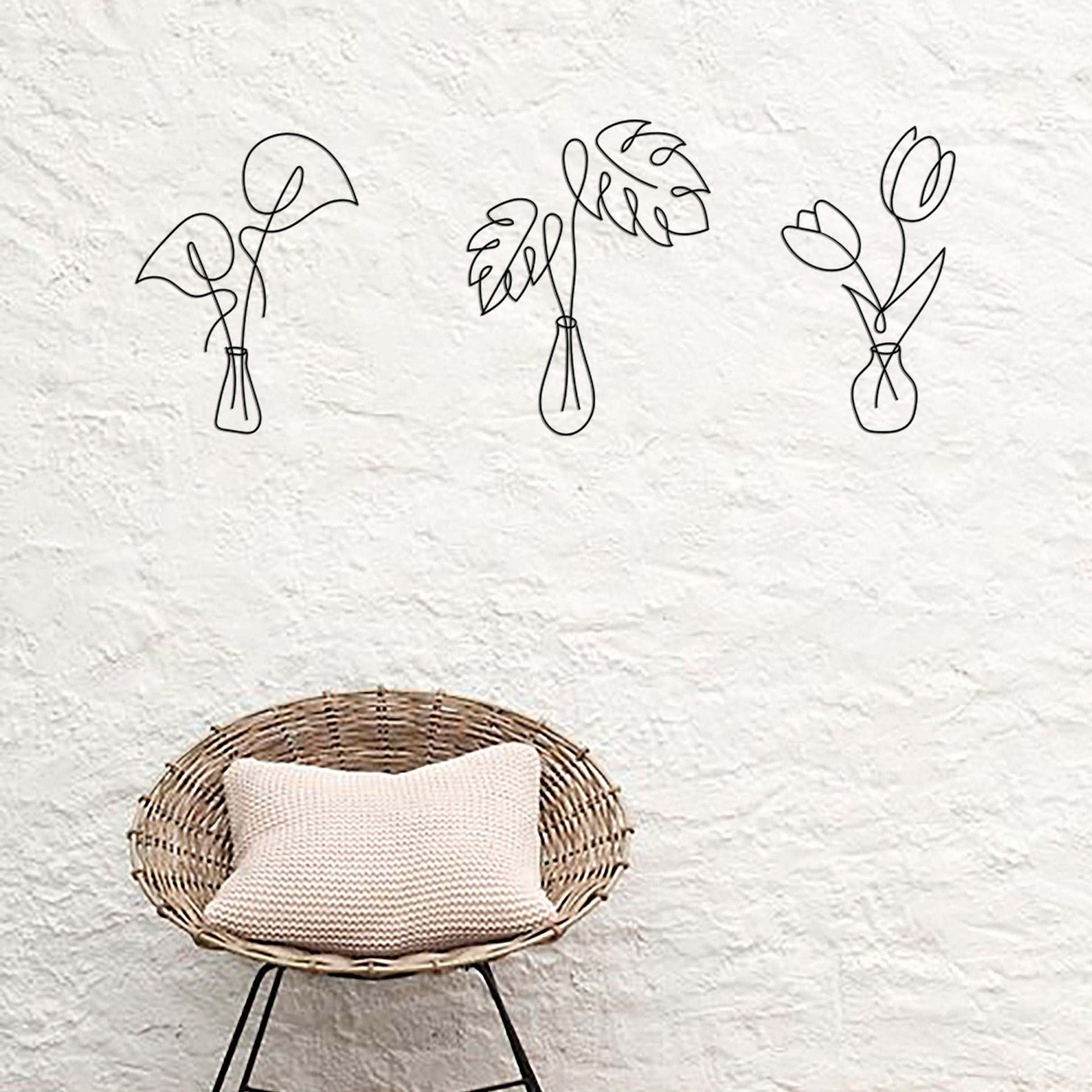 Flower in Vase, Gold Wall Decor, Minimalist Monstera Metal Art, Kitchen Wall Art Set, Flowers Wall Art Set, Above Bed Decor Set