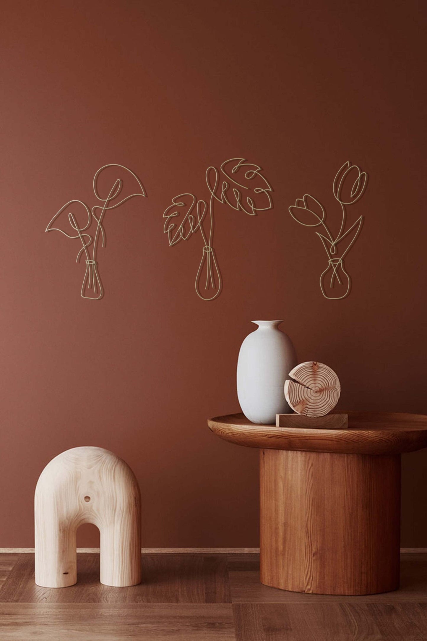 Flower in Vase, Gold Wall Decor, Minimalist Monstera Metal Art, Kitchen Wall Art Set, Flowers Wall Art Set, Above Bed Decor Set
