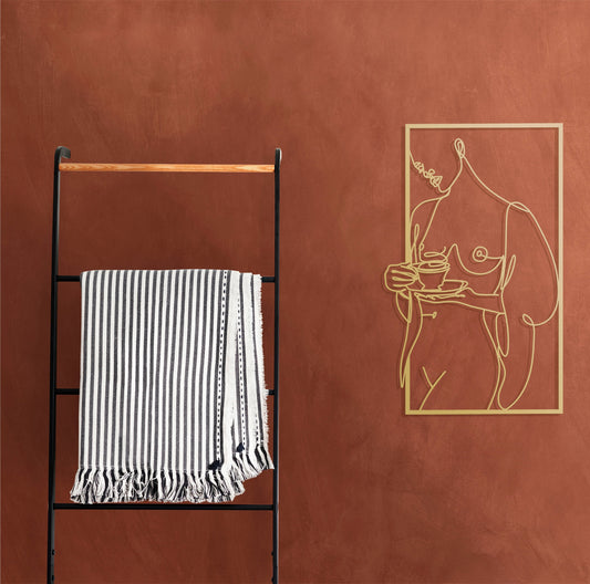 Nude Woman Metal Wall Art, Gold Woman Wall Decor, Coffee with Woman, Modern Woman Line Art, Cafe Decor, Female Body Art, Kitchen Wall Art - BlackIvyCraft