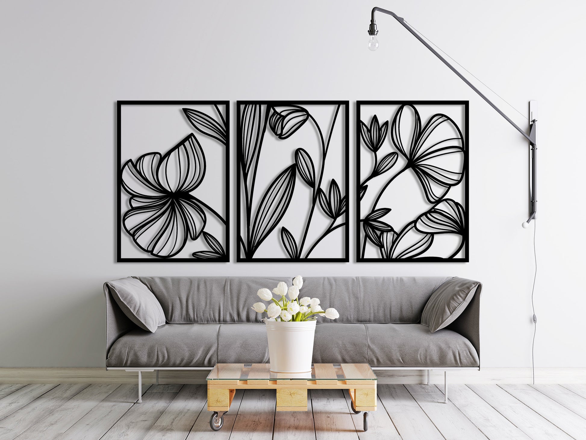 Gold Flower Wall Decor, Gold Metal Wall Art, LArge Living Room Wall Art, Above Bed Decor, White Modern Art, Newlywed Gift