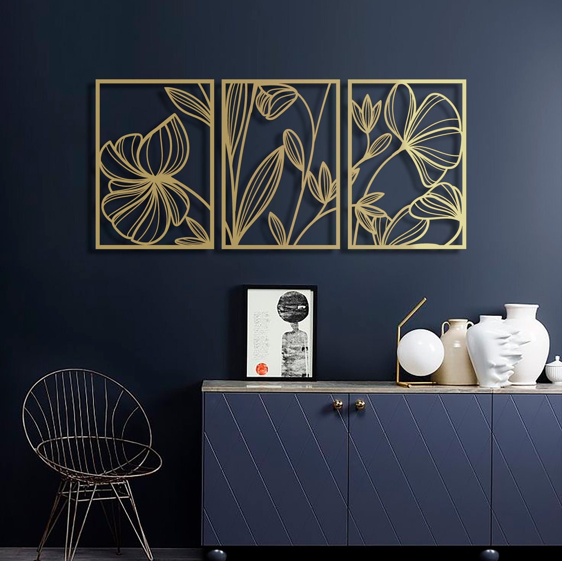 Gold Flower Wall Decor, Gold Metal Wall Art, LArge Living Room Wall Art, Above Bed Decor, White Modern Art, Newlywed Gift