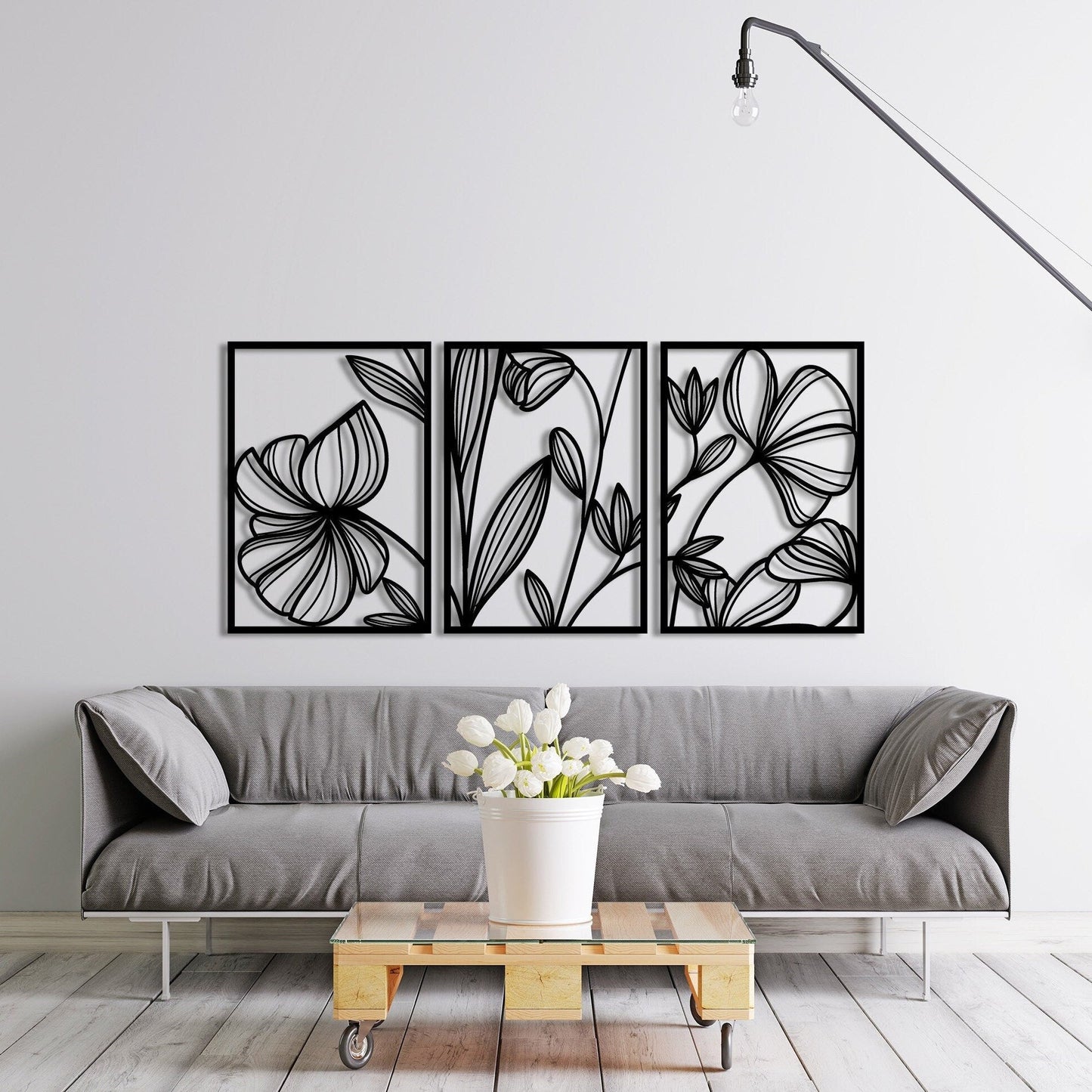 Gold Flower Wall Decor, Gold Metal Wall Art, LArge Living Room Wall Art, Above Bed Decor, White Modern Art, Newlywed Gift