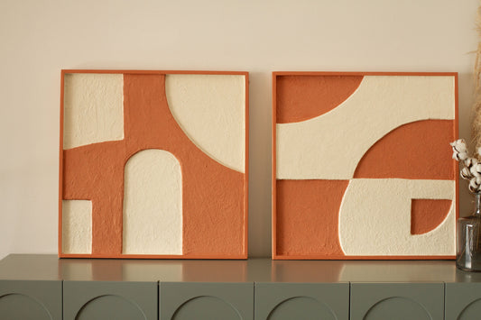 Terracota Texture Art Set of Two, Modern Relief Art, Sculptural Wall Decor, Above Bed Decor - BlackIvyCraft