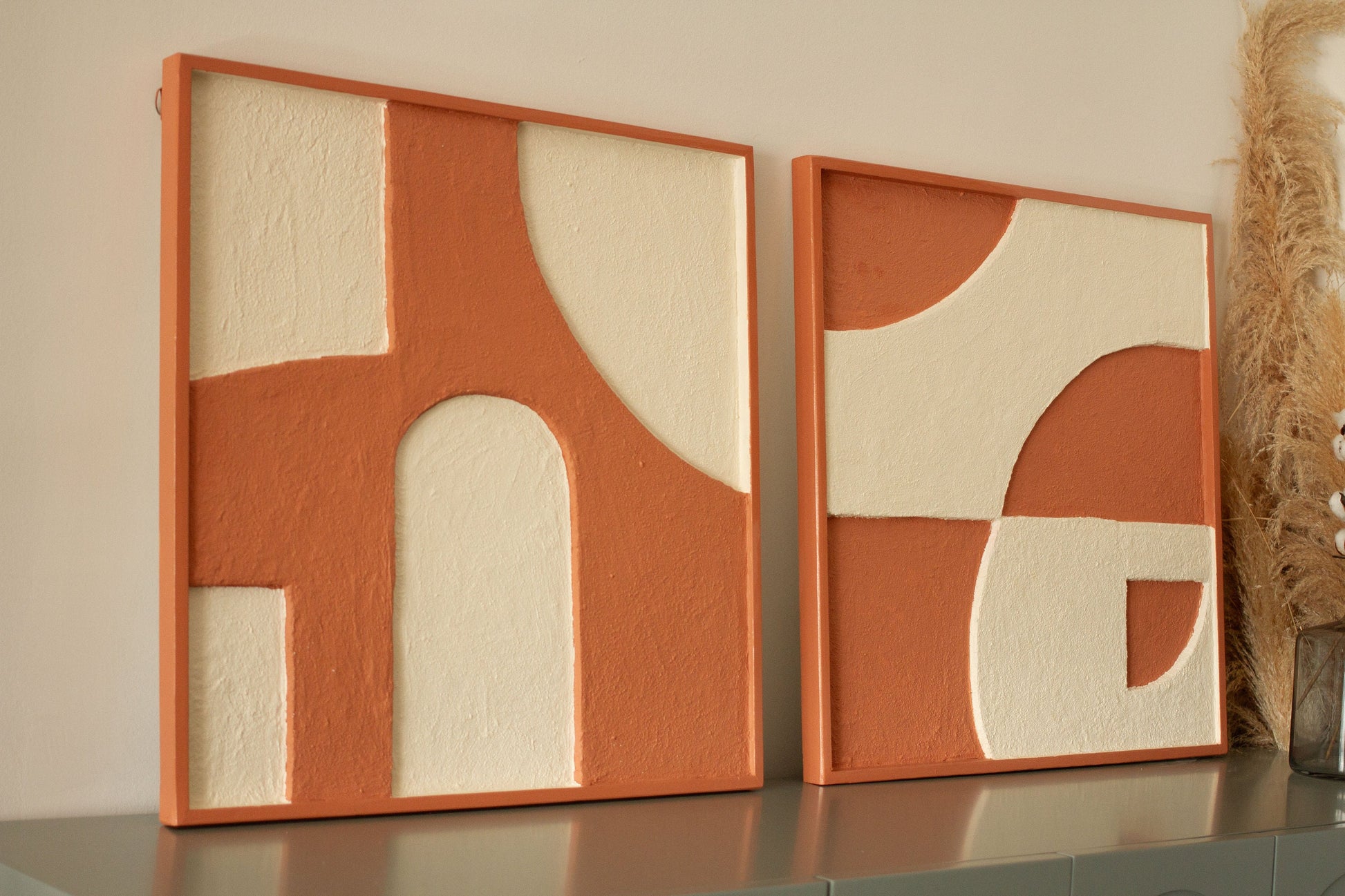Terracota Texture Art Set of Two, Modern Relief Art, Sculptural Wall Decor, Above Bed Decor - BlackIvyCraft