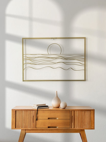 Sea And Sun Wall Art, Gold Metal Wall Art, Large Horizontal Wall Decor, Minimalist Sun Art - BlackIvyCraft