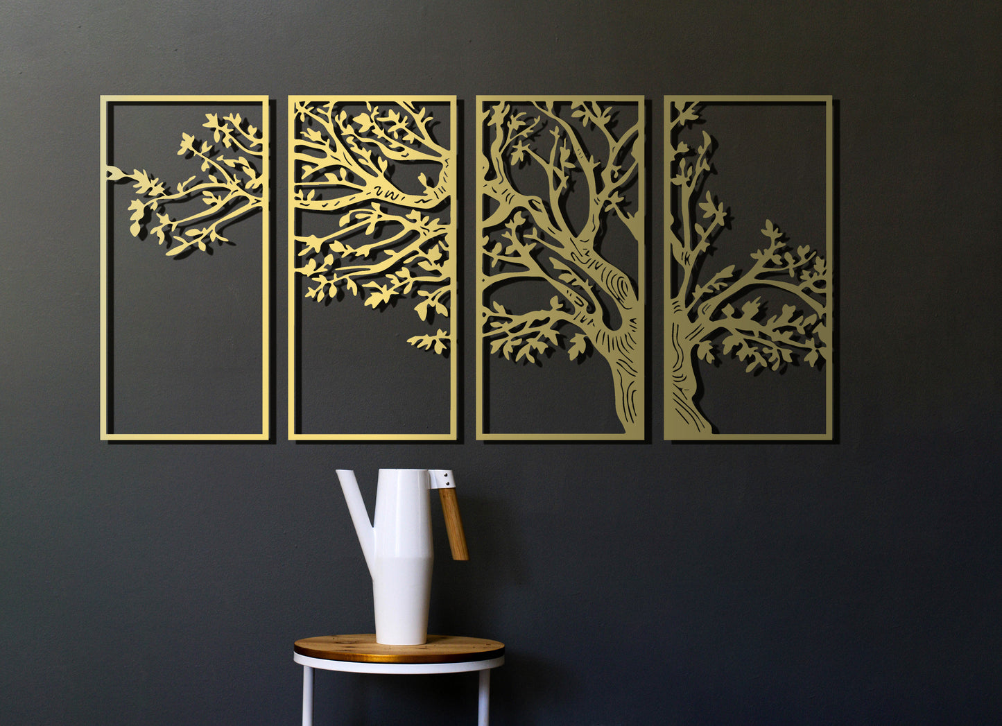 4 Panels Tree of Life Decor, Oversize Metal Wall Art, Gold Wall Decor, Family Tree Decor, Above Bed Decor, Living Room Decor, Modern Tree - BlackIvyCraft