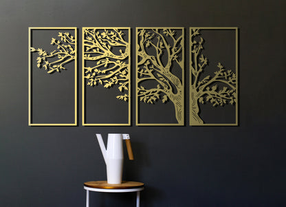 4 Panels Tree of Life Decor, Oversize Metal Wall Art, Gold Wall Decor, Family Tree Decor, Above Bed Decor, Living Room Decor, Modern Tree - BlackIvyCraft