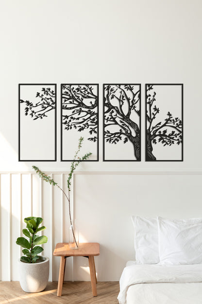 4 Panels Tree of Life Decor, Oversize Metal Wall Art, Gold Wall Decor, Family Tree Decor, Above Bed Decor, Living Room Decor, Modern Tree - BlackIvyCraft