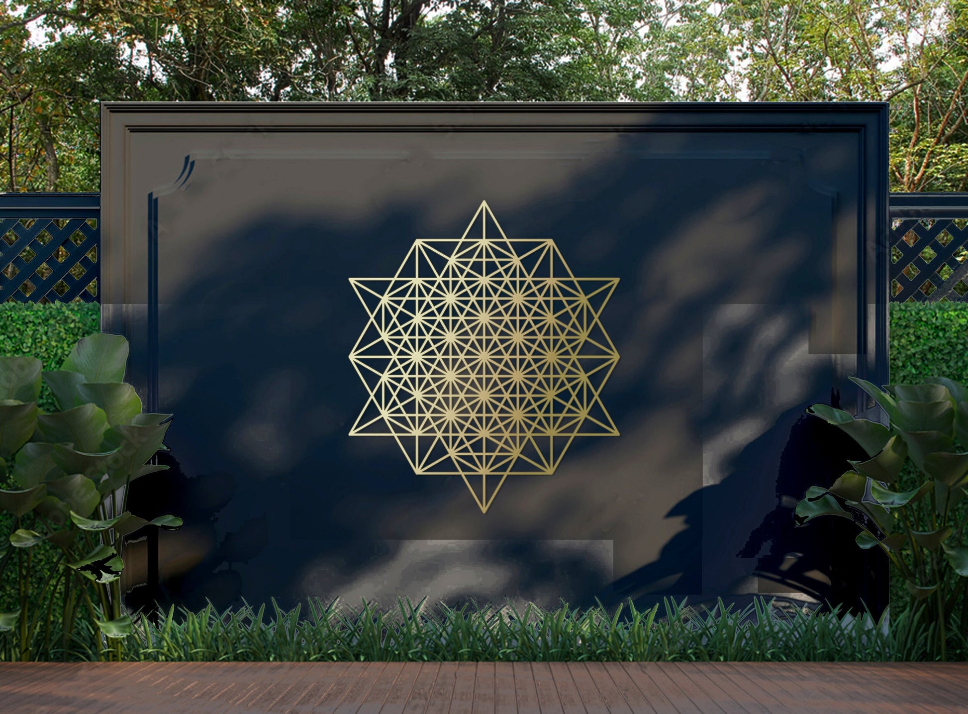 Tetrahedron Metal Wall Art, Gold Sacred Geometry Wall Decor, 64 point Star, Yoga Teacher Gift, Outdoor Large Wall Art - BlackIvyCraft