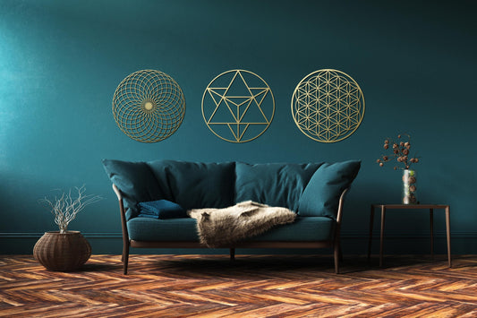 Sacred Geometry Set, Gold Metal Wall Art, Flower of Life, Merkaba, Yoga Studio Decor, Yoga lover - BlackIvyCraft