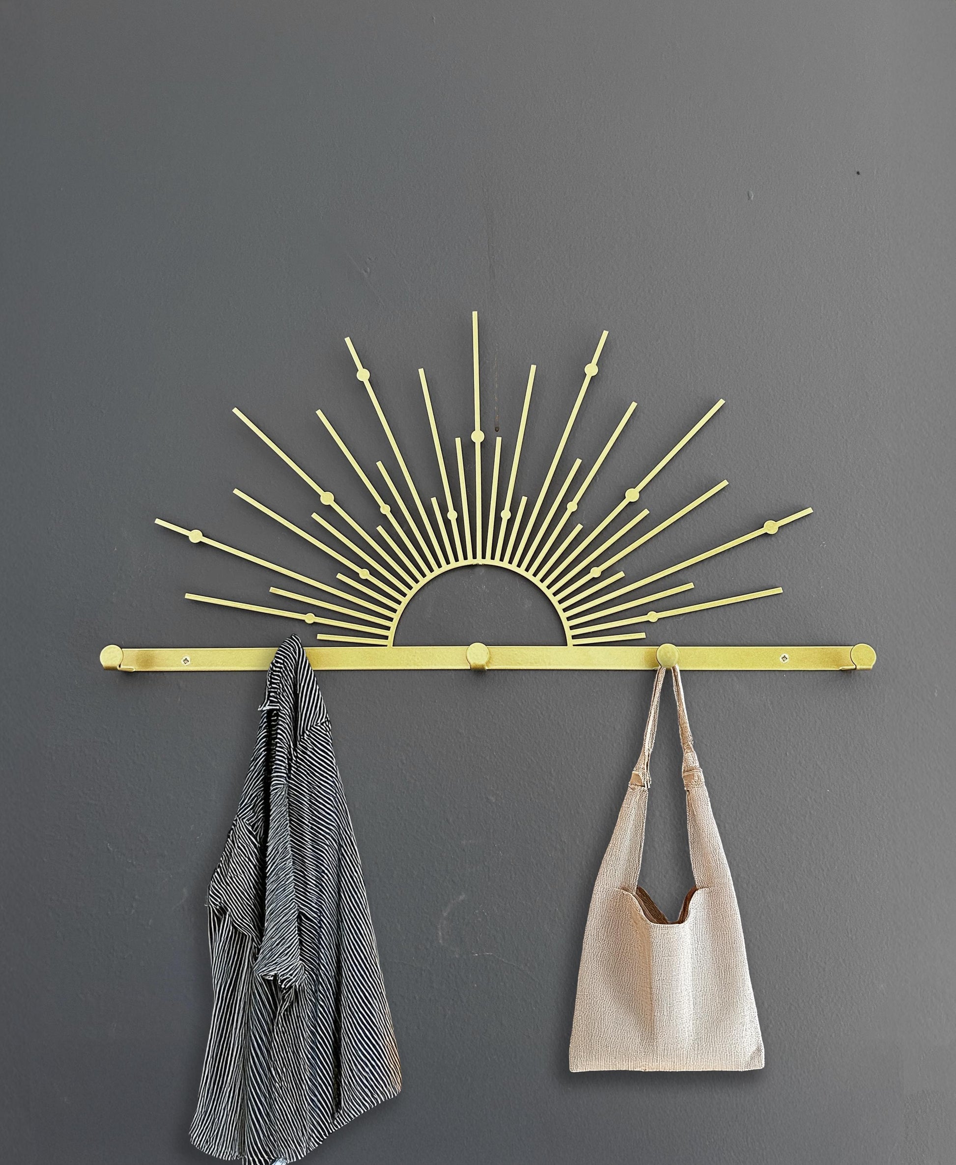 Sun Metal Coat Rack, Gold Wall Mounted Hanger, Entryway Coat Hanger, Metal Wall Hooks - BlackIvyCraft