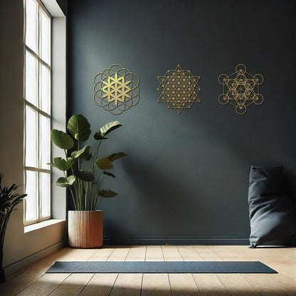 Sacred Geometry Metal Set, Metatrons Cube, Tetrahedron, Yoga Studio Decor, Gold Metal Wall Art, Metal Art Set of 3 - BlackIvyCraft