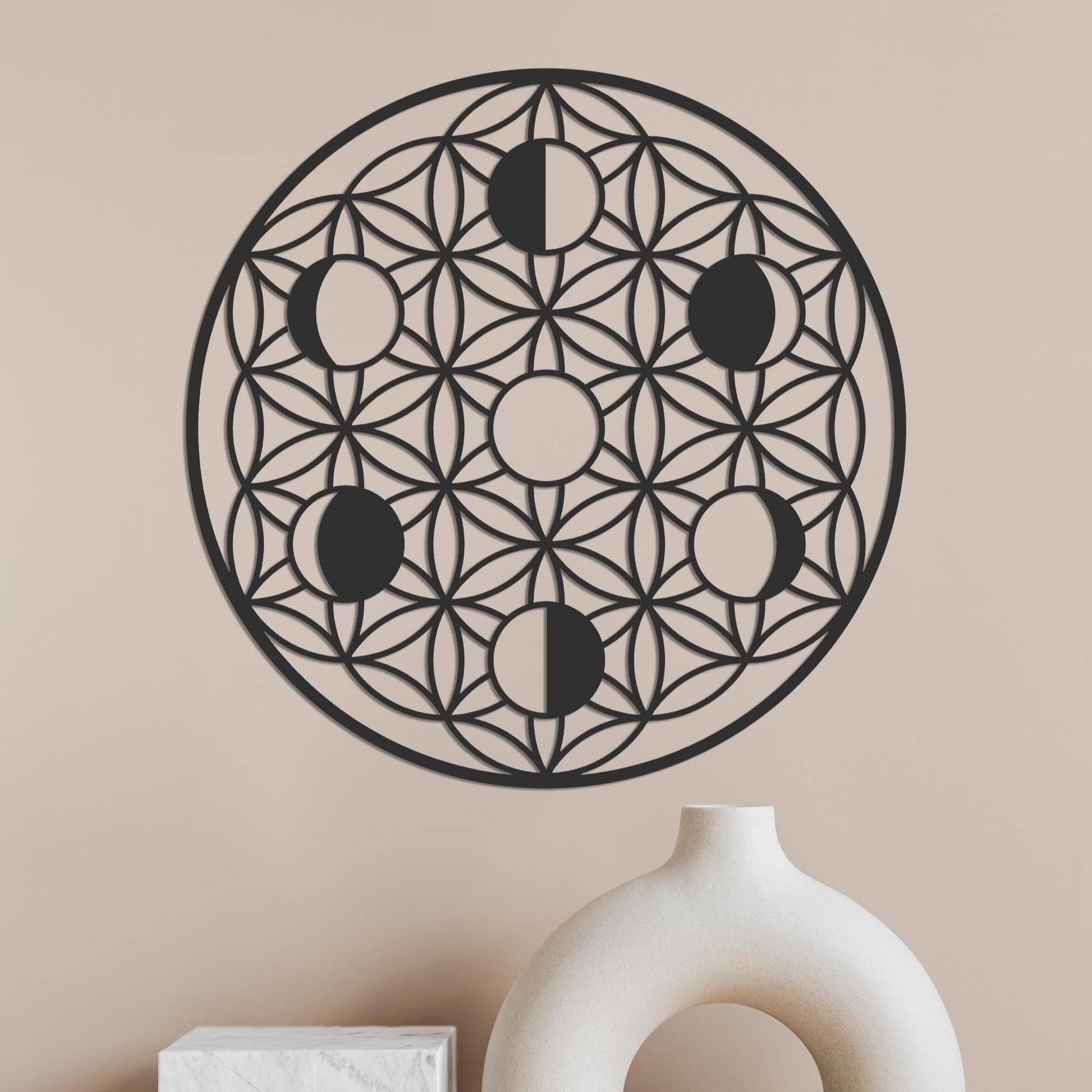 Moon Phases Metal Wall Art, Sacred Geometry Decor, Gold Wall Art, Flower of Life Art, Yoga Studio Art, Crystal Grid - BlackIvyCraft