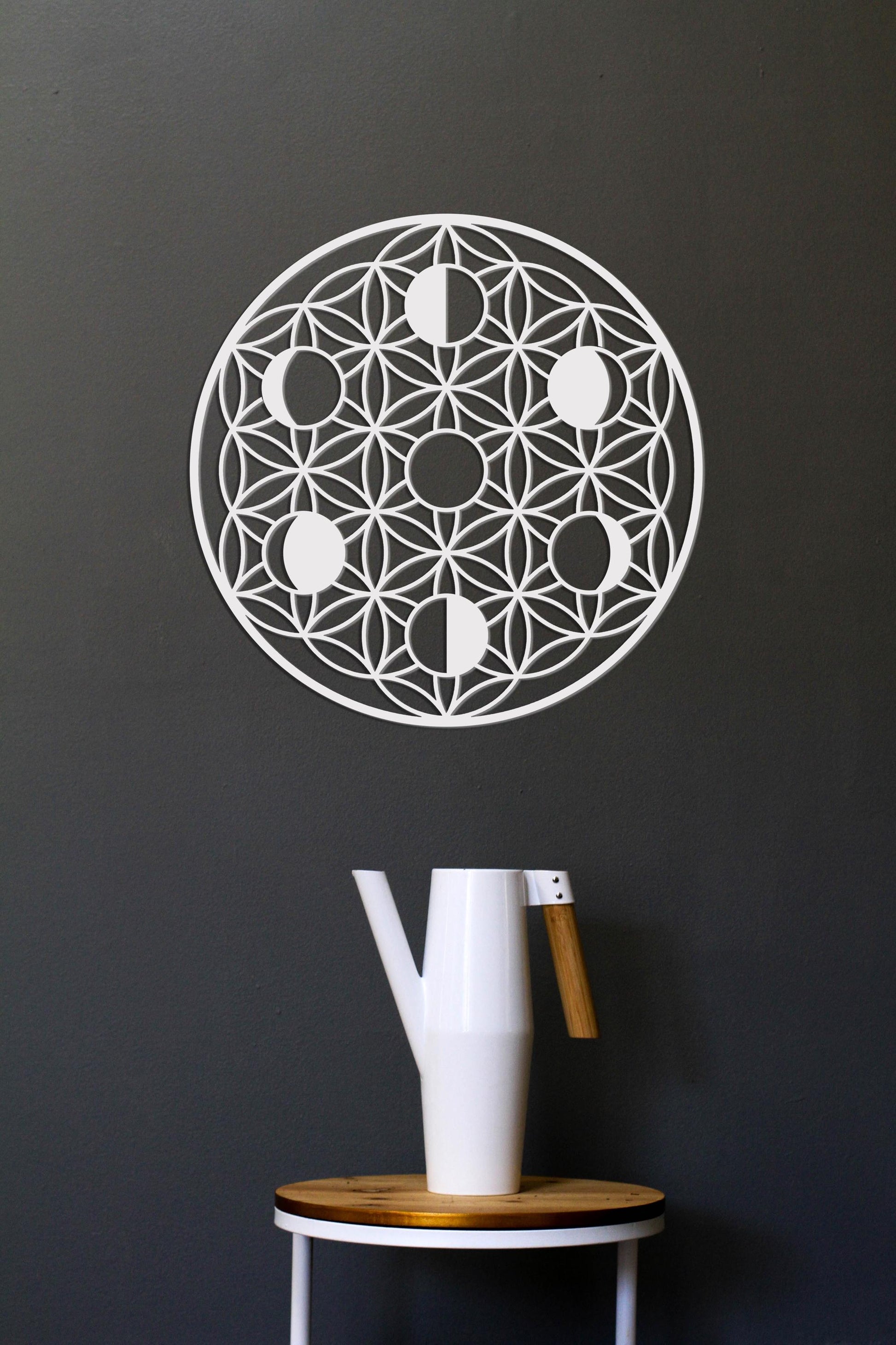 Moon Phases Metal Wall Art, Sacred Geometry Decor, Gold Wall Art, Flower of Life Art, Yoga Studio Art, Crystal Grid - BlackIvyCraft