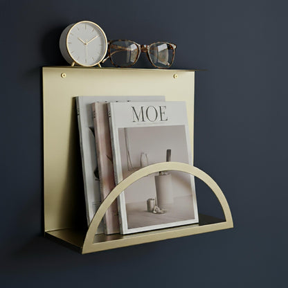 Gold Floating Bedside Table, Wall-Mounted Shelf & Magazine Holder - BlackIvyCraft