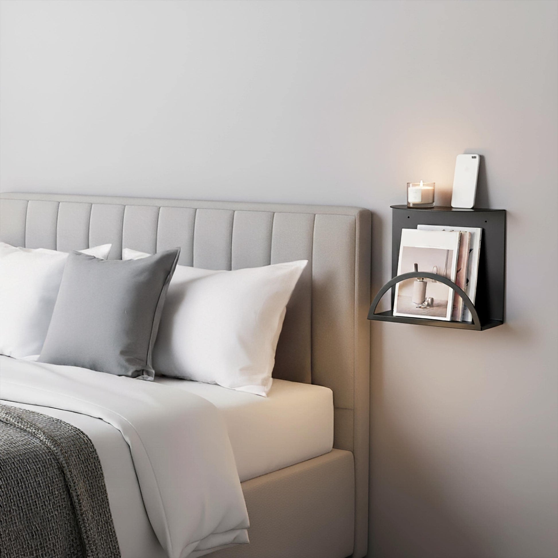 Gold Floating Bedside Table, Wall-Mounted Shelf & Magazine Holder - BlackIvyCraft